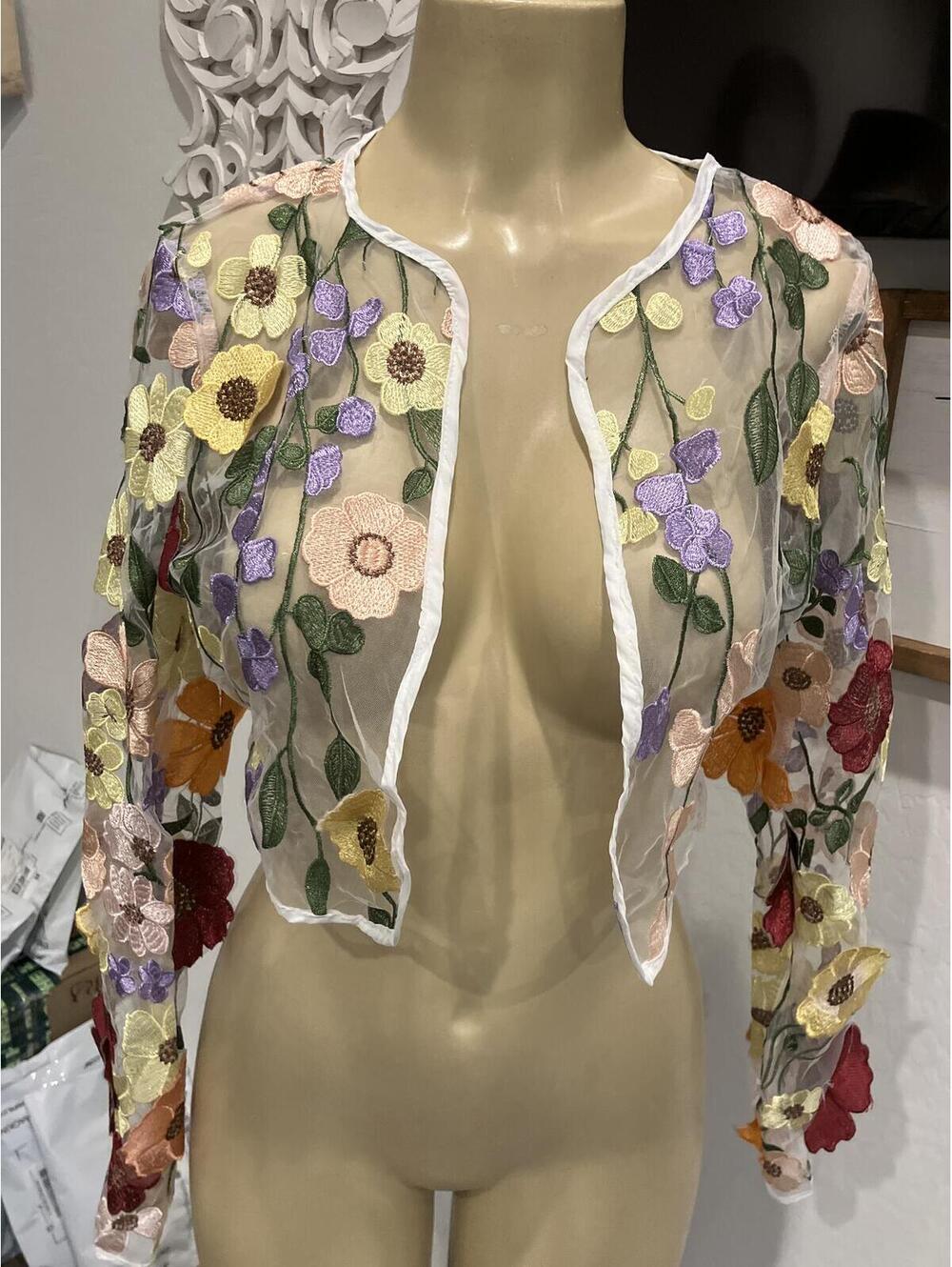 NIB Sheer Floral Embroidered Mesh Crop Cardigan